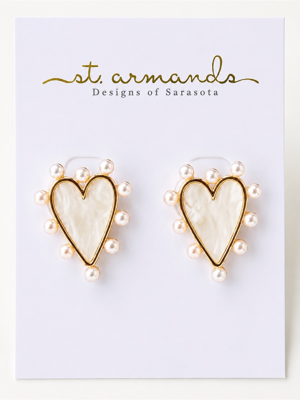 St. Armands Mother of Pearl Heart Stud Earrings Gold Tone Boho Cottagecore NWOT